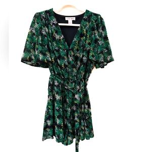 Flying Tomato Palm Print Romper Full Short Sleeves, Elastic Waist with Belt